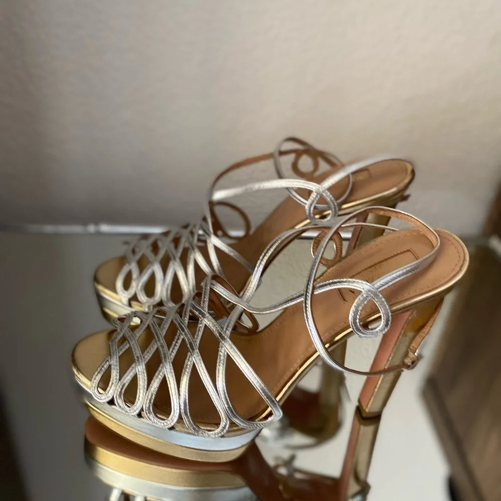 New AQUAZZURA Monroe Plateau 130 Two-Tone Metallic Leather Platform Sandals